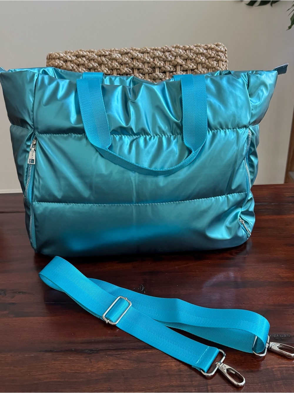 Tula Teal Puffer Weekender Bag Shoulder Strap And Top Handle